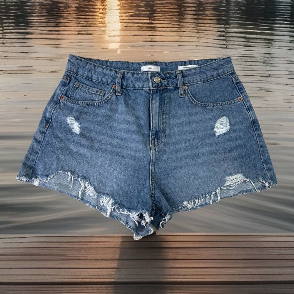 Forever 21 Retro High Rise Shorts 30 (W30 Inseam 2) Blue Distressed Cotton Women